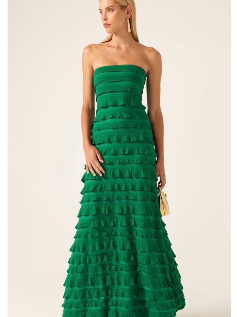 Wolf & Badger Maddison Strapless Tiered Maxi Dress In Emerald Green Size Large